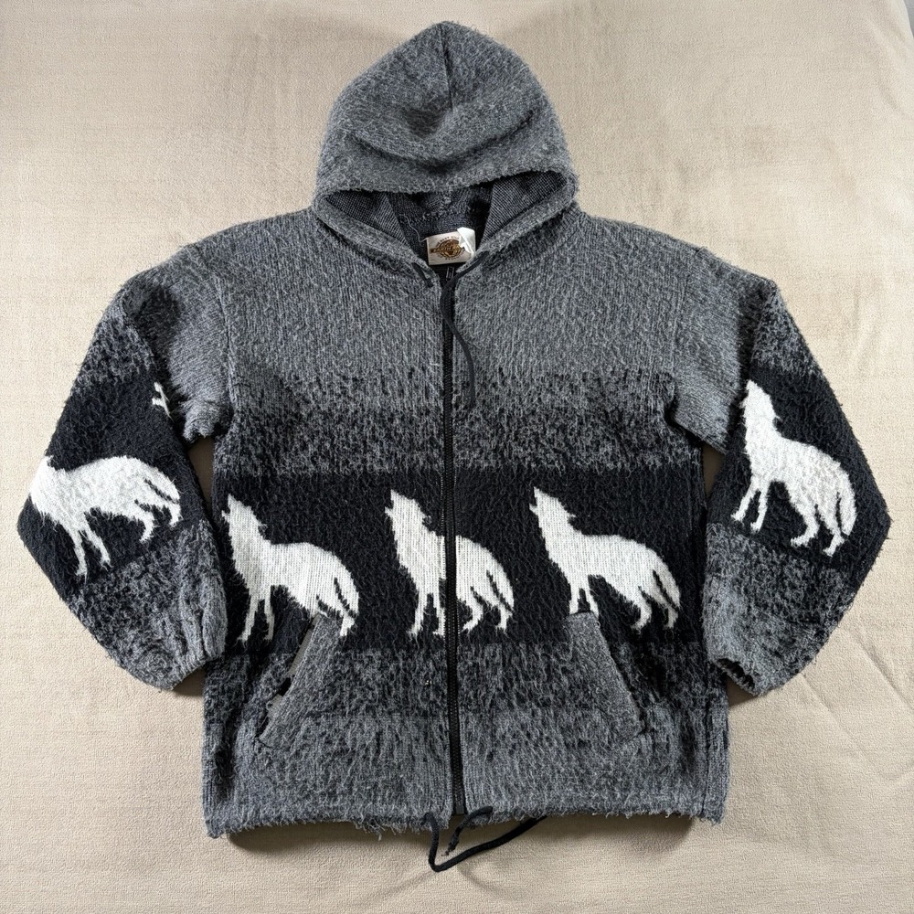 Earth Ragz Hoodie Men's‎ Medium Gray Wrap Around Wolf Full Zip Nature Sweater